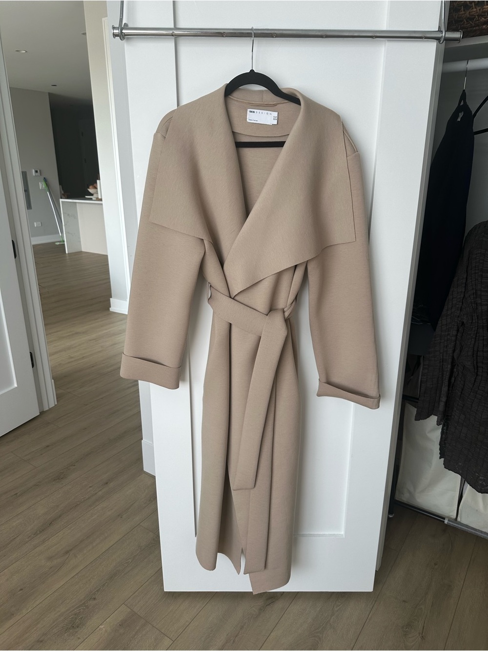 ASOS Beige Scuba Material Long Wrap Coat with Self-Tie Belt